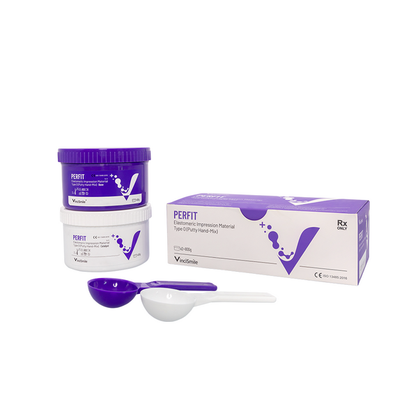 Perfit dental impression material set with container, box, and measuring spoons on a white background